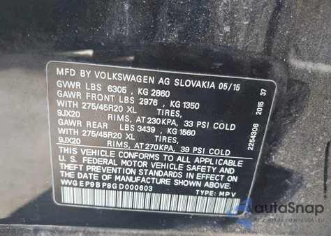 2016 Volkswagen Touareg Tdi Executive from USA, damaged, VIN WVGEP9BP8GD000603